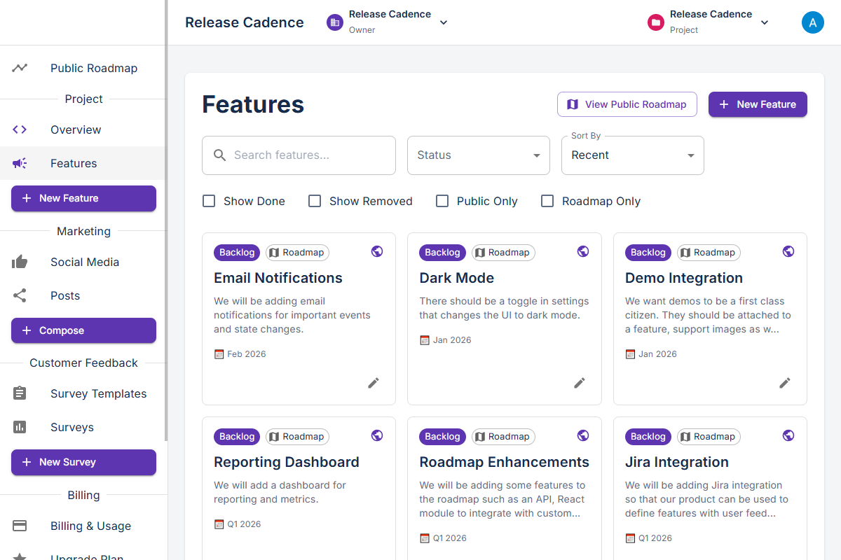 Release Cadence Dashboard - Feature Management Interface